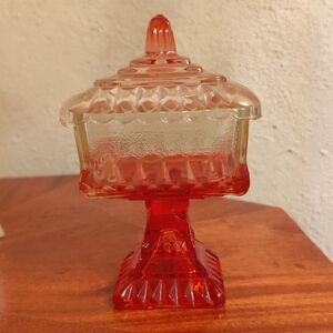 Vintage Reversed  Amberina  Pedestal Compote Candy Dish With Lid